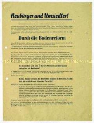 Erläuterung der Umsiedler-Politik der SED und Aufruf an die Umsiedler, den Kandidaten der Partei zu den Wahlen am 20.10.1946 ihre Stimme zu geben