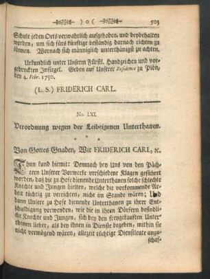 No. LXI. Verordnung wegen der Leibeigenen Unterthanen