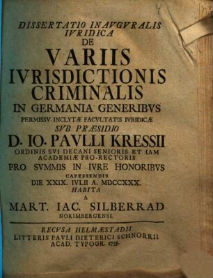 Diss. inaug. iur. de variis iurisdictionis criminalis in Germania generibus