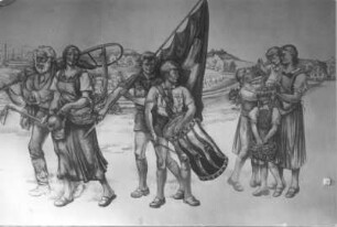 Wandbild mit Bauernpaar, Trommler und Fahnenträger sowie Mutter mit Kindern : Wandbild mit Bauernpaar, Trommler und Fahnenträger sowie Mutter mit Kindern (wohl um 1935)