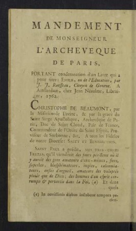 Mandement de Monseigneur L'Archeveque de Paris