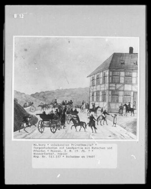 Corpsstudenten auf Landpartie mit Kutschen und Pferden