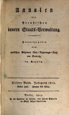 Annalen der preußischen innern Staats-Verwaltung. 3, 1/2. 1819