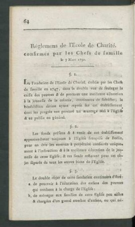 Règlemens de l'Ecole de Charité