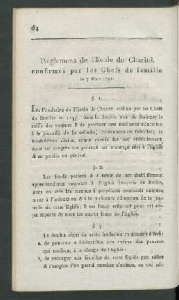 Règlemens de l'Ecole de Charité