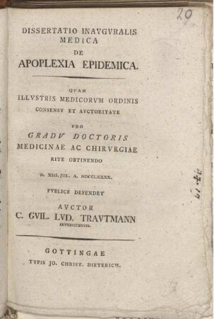 Dissertatio Inauguralis Medica De Apoplexia Epidemica : D. XIII. Iul. A. MDCCLXXXX.
