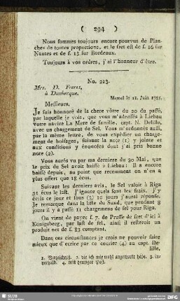 No. 213. Mrs. D. Freres, à Dunkerque. Memel le 11. Juin 1785