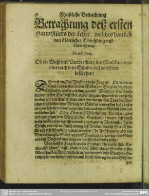 Betrachtung deß ersten Hauptstücks der Lehre, welches handelt von Göttlicher Erwehlung und Verwerffung