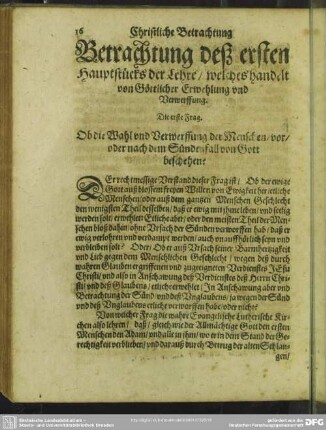 Betrachtung deß ersten Hauptstücks der Lehre, welches handelt von Göttlicher Erwehlung und Verwerffung