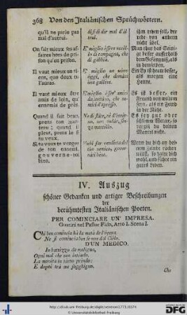 IV. Auszug schöner Gedanken und artiger Beschreibungen der berühmtesten Italiänischen Poeten.