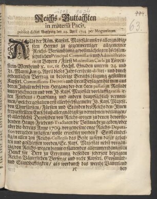 Reichs-Guttachten in materiâ Pacis : publicè dictirt Augspurg den 24. April 1714. per Moguntinum