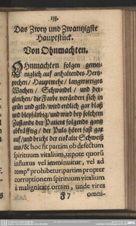 Das Zwey und Zwantzigste Hauptstück. Von Ohnmachten