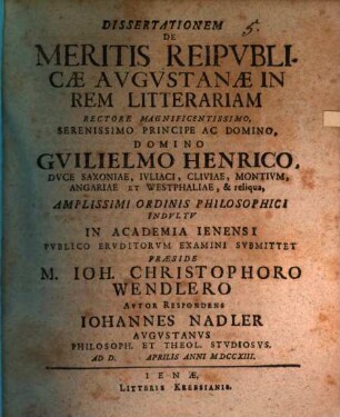 Diss. de meritis reipublicae Augustanae in rem literariam
