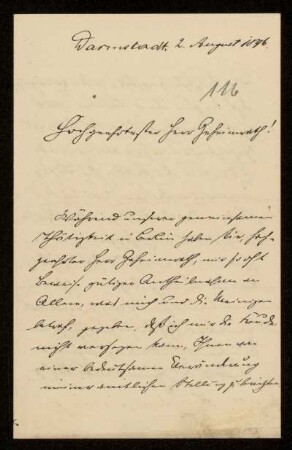 116: Brief von Gustav Dittmar an Gottlieb Planck, Darmstadt, 2.8.1896