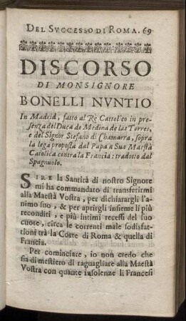 Discorso Di Monsignore Bonelli Nuntio