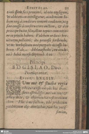 Principi Bogislao, Duci Pomeraniae. Epist. LXXXIX.