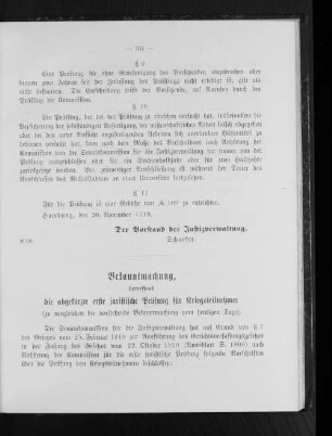 Bekanntmachung betreffend die abgekürzte erste juristische Prüfung für Kriegsteilnehmer