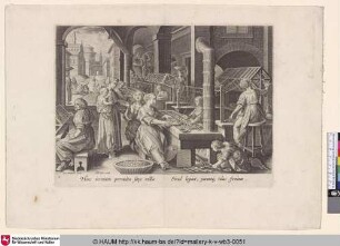 [Seide spinnende Frauen verschiedenen Alters; Women of various ages spinning silk]