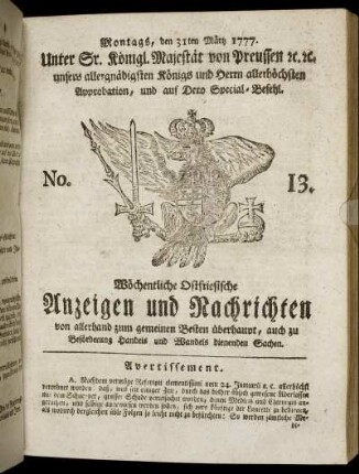No. 13. Montags, den 31ten Märtz 1777.