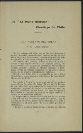 De "El Diario Ilustrado" (Santiago de Chile) - Don Alberto del Solar y sus "Obras completas"