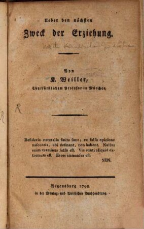 Über den nächsten Zweck der Erziehung