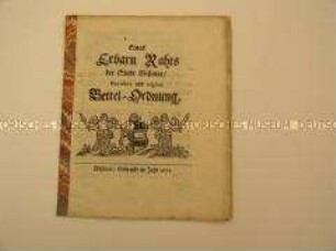 Vom Rat der Stadt Wismar erlassene Ordnung zur Regelung der Armenfürsorge; Wismar, 29.10.1672