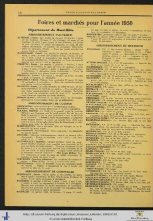 Foires et marchés pour l’année 1950.