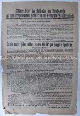 Sonderdruck mit dem Wortlaut eines offenen Briefes der Reichswehr an die Arbeiterschaft, nicht den revolutionären Parolen der Spartakisten zu folgen