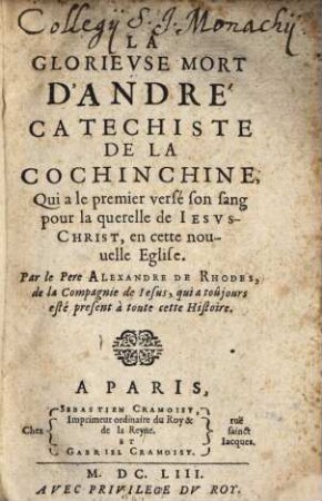 La glorieuse mort d'André catechiste de la Cochinchine