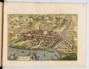 Vogelschaubild von Rimini, kolorierter Kupferstich, um 1682 : Rimini. - [Amsterdam] : [Bÿ d' Erfsgenamen van Joannes Janssonius van Waesberge], [1682]. - 1 Vogelschauplan : Kupferstich. ; 46 x 30 cm (Karte)