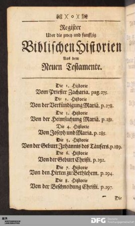 Register Uber die zwey und funffzig Biblischen Historien Aus dem Neuen Testamente.