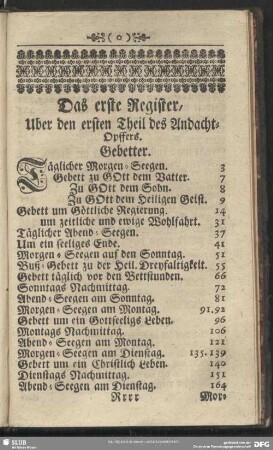 Das erste Register, Uber den ersten Theil des Andacht-Opffers