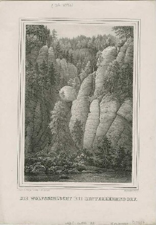 Ansicht der Wolfsschlucht bei Hinterhermsdorf in der Sächsischen Schweiz, Lithographie, um 1845 : Die Wolfsschlucht bei Hinterhermsdorf / Nach d. Nat. gez. u. lith. v. W. Arldt. - [S.l.] : Pech , [um 1845]. - 1 Kunstbl. : Lithogr. ; 14 x 21 cm