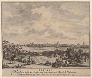 Reihe von vier Stadtansichten von Leipzig aus größerer Entfernung von den Straßen vor den vier Toren, hier von der Straße vor dem Ranstädter Tor im Westen