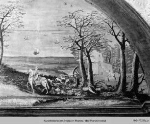 Ausmalung des Studiolo : Lünetten mit Szenen aus dem Leben des Heiligen Guido Della Gherardesca : Die Wiederauffindung des toten Heiligen im zerstörten Castello von Donoratico
