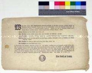 Bekanntmachung des Rates zu Leipzig betreffs Abgaben auf Einnahmen aus Holz- oder Viehverkauf für die Leihcasse