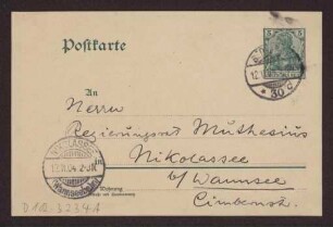 Schreiben an Hermann Muthesius (Postkarte)