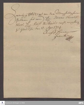 Brief von August Hermann Francke an die Professoren der Theologischen Fakultät.