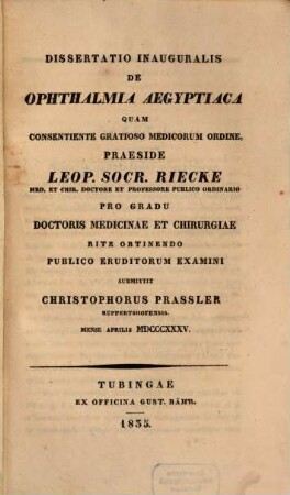 Diss. inaug. de ophthalmia Aegyptiaca