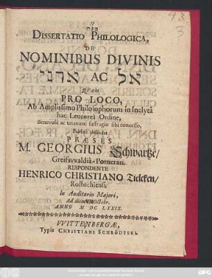 Dissertatio Philologica, De Nominibus Divinis [...] Ac [...]