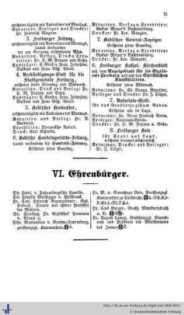 Ehrenbürger, Verzeichniß der Einwohner nach ihren Berufsgeschäften, Verzeichniß der Hauseigenthümer, Straßenverzeichniß.