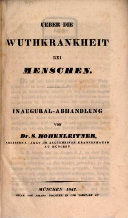 Ueber die Wuthkrankheit bei Menschen : Inaugural-Abhandlung