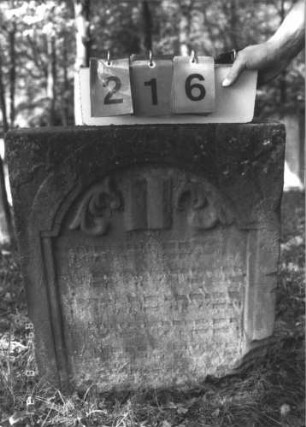 Grabstein 216 (Index: 99609852) Material: Sandstein Zustand: stark verwittert, weitgehender Textverlust, Stele abgebrochen, Unterteil fehlt Maße HxBxT: 68x56x10 cm Beschreibung: Stele, Schriftfeld eingetieft mit eingezogenem Segmentbogenabschluß Symbolik: aufgeschlagenes Buch, florale Elemente: Grabstein 216