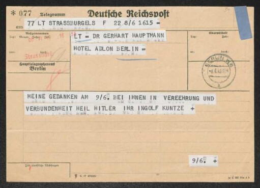 Brief von Ingolf Kuntze an Gerhart Hauptmann