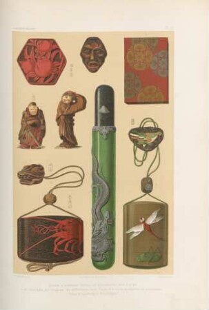 Boites à parfumes, boites de pharmacie, ètui à pipe et netzkés, en laques de differents tons, bois et ivoire sculptes et incrustés. (Pieces de la collection de M. Louis Gonse)