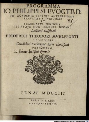 Programma lectioni ausp. F. Theod. Muhlpforti praemissum : [inest nova diss. de primatu episcopi romani]