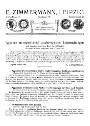 Apparate zu experimental-psychologischen Untersuchungen nach Angaben des Herrn Prof. Dr. Sommer