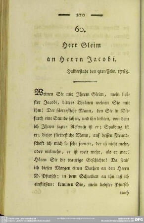 60. Herr Gleim an Herrn Jacobi. Halberstadt den 9ten Febr. 1768