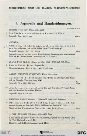 I. Aquarelle und Handzeichnungen (Nr. 1-31)