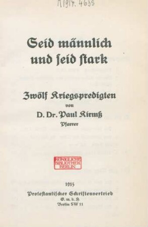 Seid männlich und seid stark : zwölf Kriegspredigten